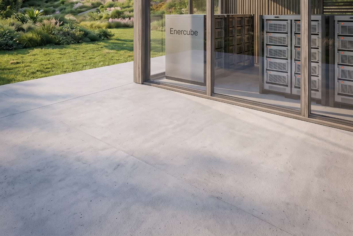 Unidad Enercube BESS instalada detrás de un ventanal, integrada al jardín de Tahona Valley